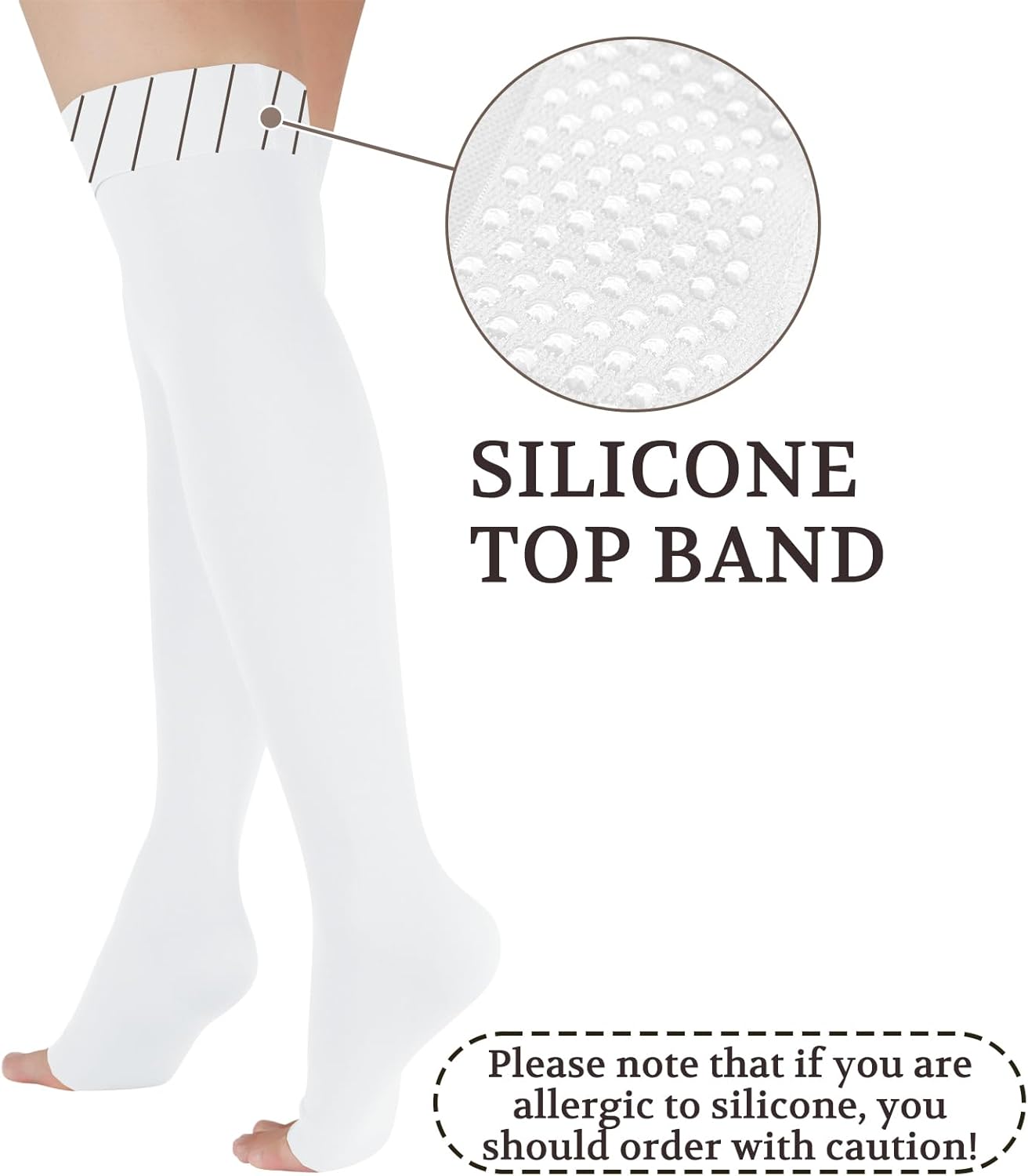 Lin Performance 15-20 mmHg Medical Compression Stockings for Women & Men, Thigh High Dot-Top Open Toe, Leg Support for Daily & Travel Comfort (White,S) - Image 2