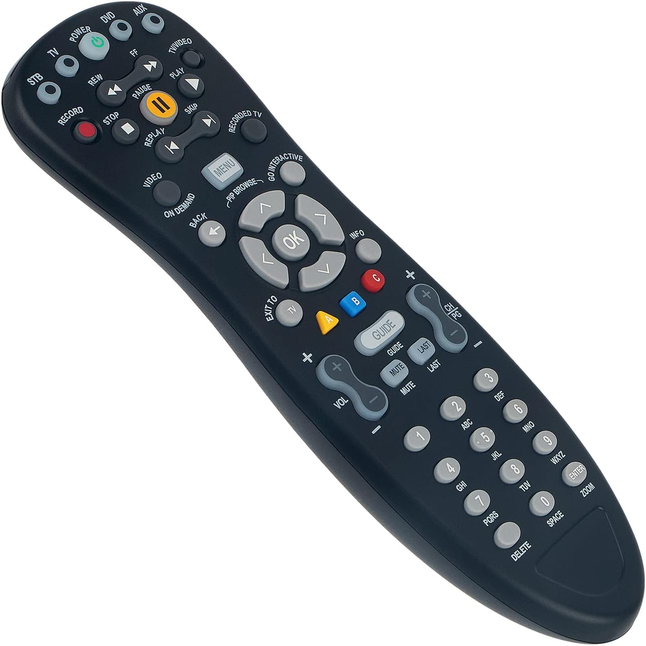 Angled view of the ALLIMITY replacement remote control, highlighting the ergonomic design and button layout.