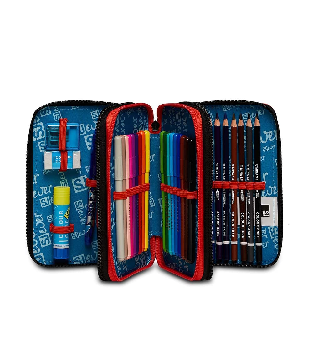 SJ Gang Trousse Scolaire 3 Fermetures éclair – Drift Boy, Bleu – Trousse à 3 Compartiments pour Enfant, Porte-Stylo Scolaire avec Stylets, Crayons et Couleurs, Accessoires Scolaires, Accessoires