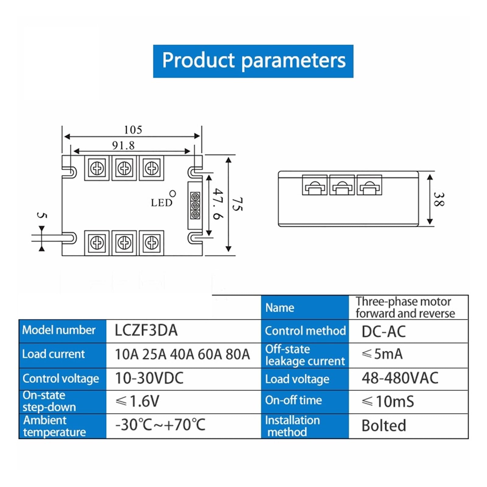 Relé de Estado sólido trifásico, relé de Control de Avance y Retroceso, arrancador de Motor de CC, 10 A, 25 A, 40 A, 60 A, 80 A, 10-30 V CC, 40-480 V CA(10A)