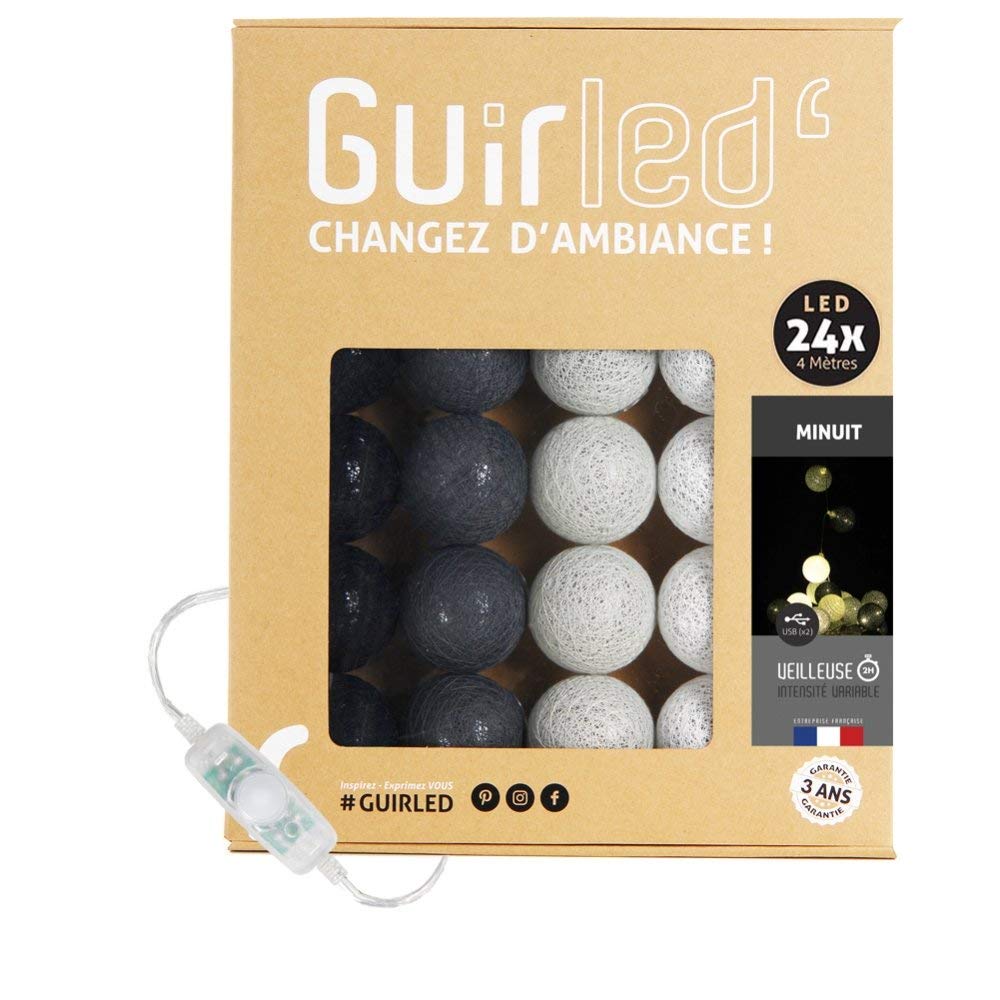 Guirlande Lumineuse GuirLED Boules Coton - 24 Boules, 2.4m, USB, 3 Intensités - Veilleuse Bébé, Décoration Maison