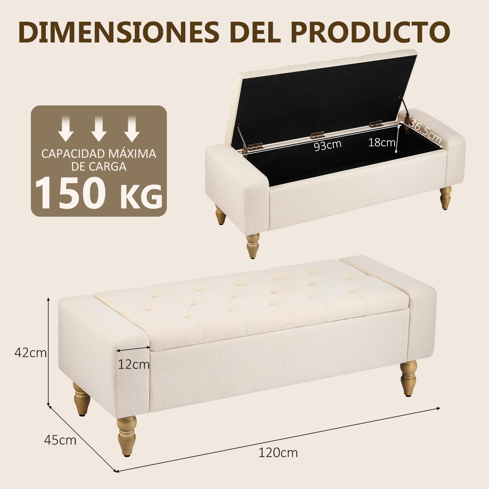 Hellove Banco de Almacenaje con Patas de Madera, 120x45x43 cm, Puff Tapizado con Botones en Tela de Lino, Sin Brazos, Banc Coffre para Salón, Dormitorio o Pie de Cama, Pasillo, de Carga 150 KG Beige