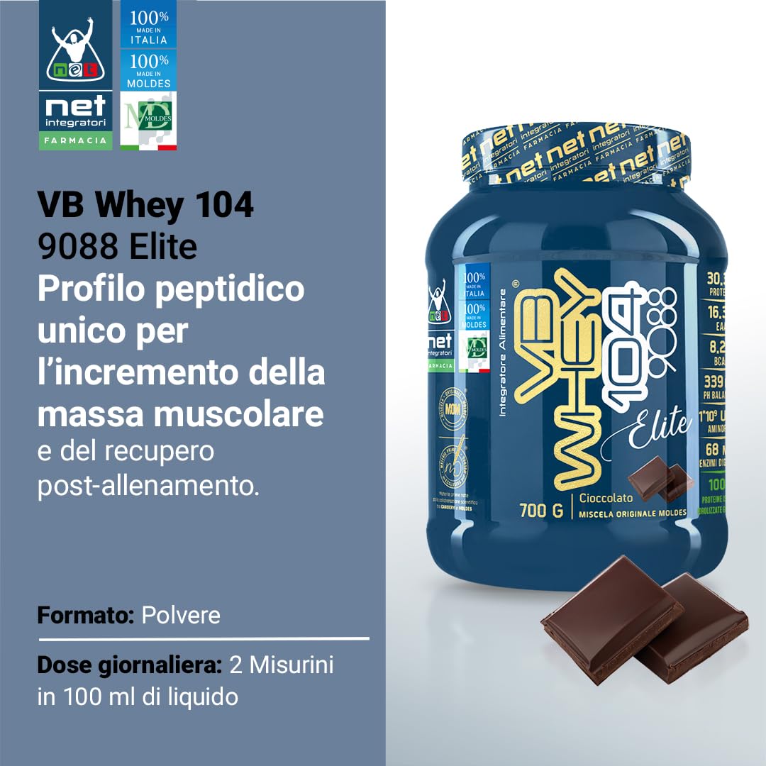NET Integratori Farmacia VB WHEY 104 9088 Elite® - 700g Cioccolato - Sieroproteine Idrolizzate in Polvere Optipep 9088 e 90 PRO per Crescita e Recupero Muscolare - Formula ad Elevata Bioattività