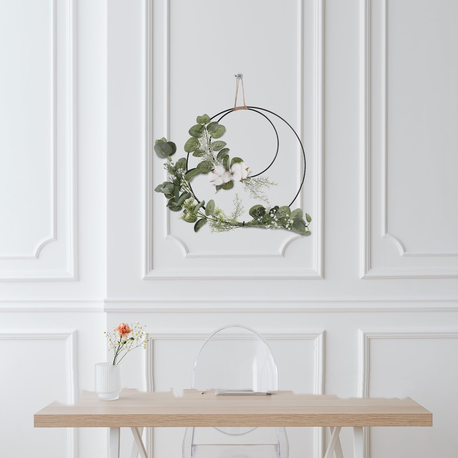 ifundom Trockenblumen Kranz aus Polyester und Baumwolle mit Lifelike Blättern Weißer Türkranz für Haustür Hängende Wanddekoration ohne Gießen für Valentinstag