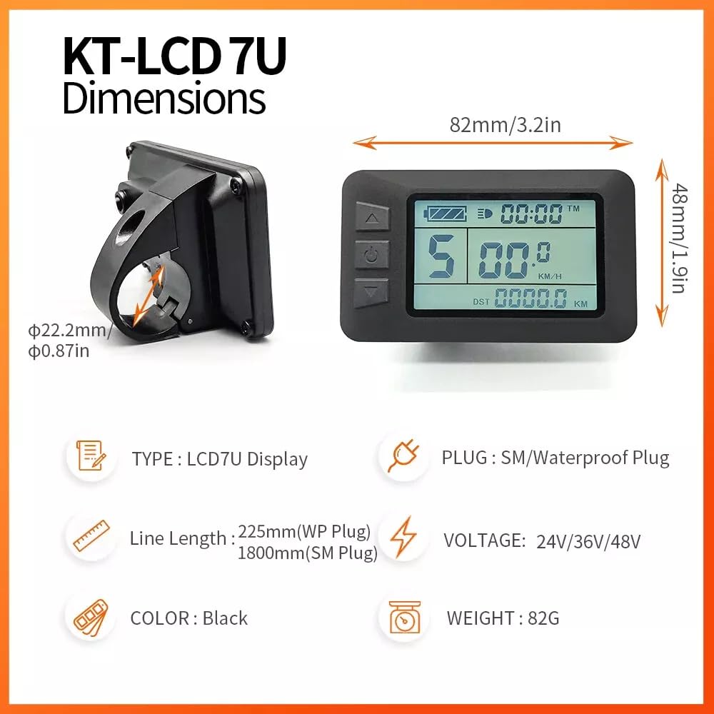KT-LCD7U - Medidor de pantalla LCD eléctrica de plástico con conector impermeable, puerto de carga USB de 24 V, 36 V, 48 V, para modificación de bicicleta eléctrica