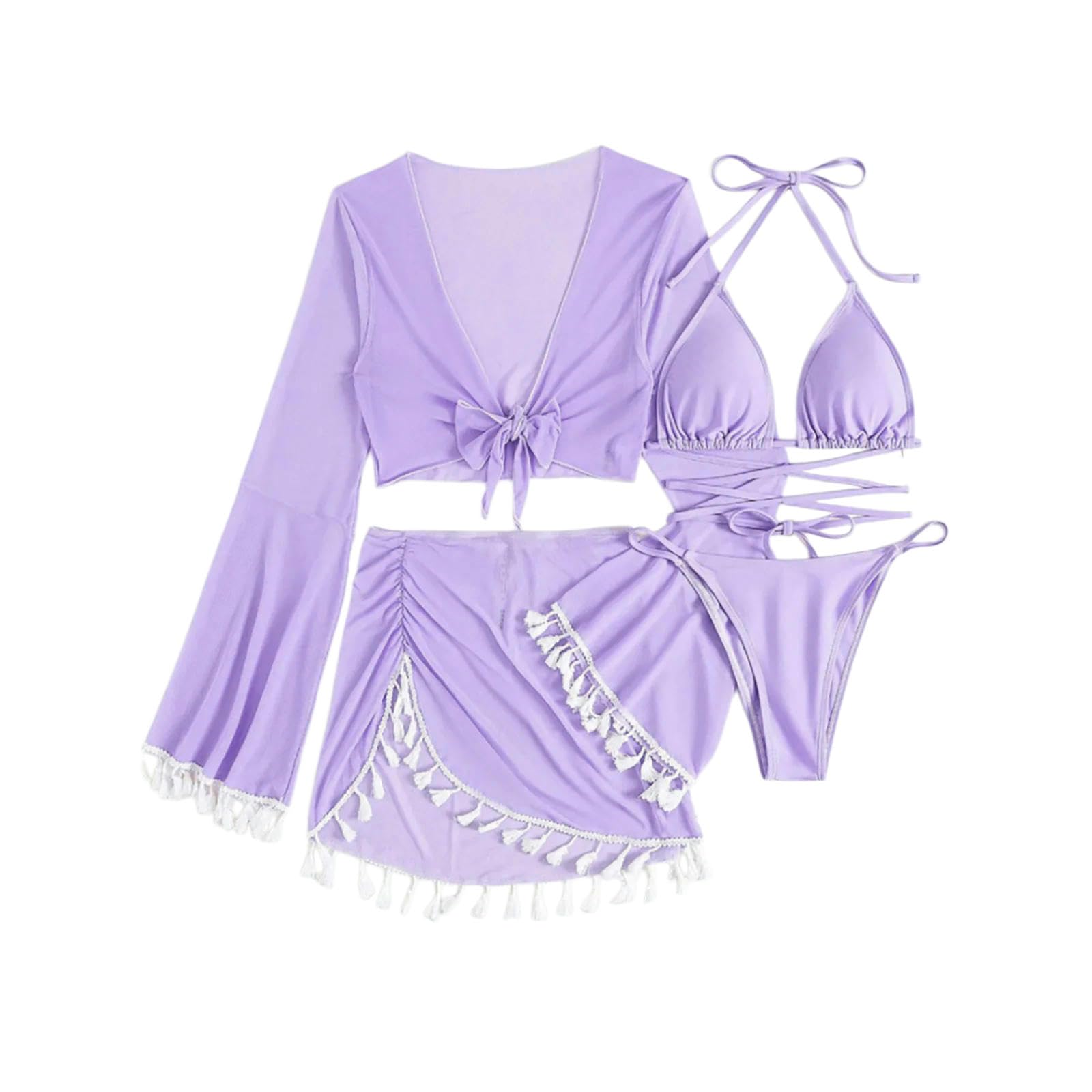 Maillot de Bain Femmes S-XL 4 Pièces Push Up Bikini Set, 2 avec Jupe Tassel & Manches Couvrir, Vacances Plage pour Les Femmes-Purple-m