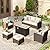 VICLLAX 6 Pieces Wicker Patio Furniture Set with Fire Pit Table 45" Ceramic Top, 3-Seat Sofa, 2 Single Chairs, 2 Ottomans, Outdoor Conversation Set for Garden, Poolside, Backyard, Beige Cushion
