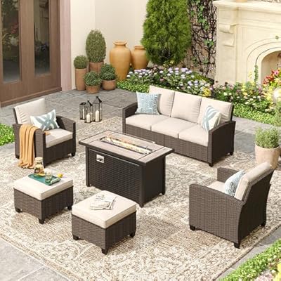 VICLLAX 6 Pieces Wicker Patio Furniture Set with Fire Pit Table 45" Ceramic Top, 3-Seat Sofa, 2 Single Chairs, 2 Ottomans, Outdoor Conversation Set for Garden, Poolside, Backyard, Beige Cushion