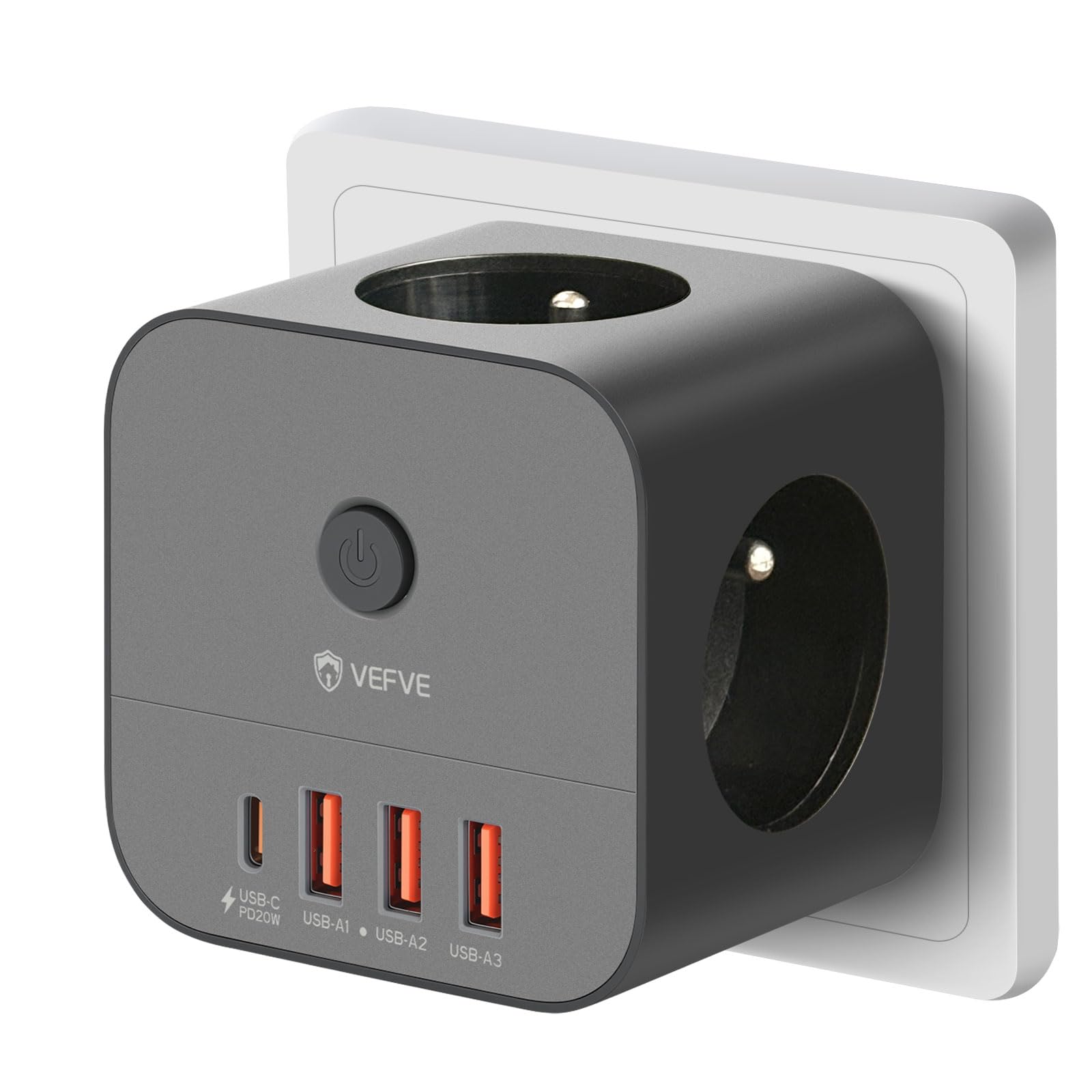 VEFVE Ciabatta elettrica cubo 7 in 1 (tipo E, standard belga/francese), 20 W USB-C Caricatore rapido con interruttore, spina di derivazione senza cavo (3 prese 3680 W, 4 USB) - Nero