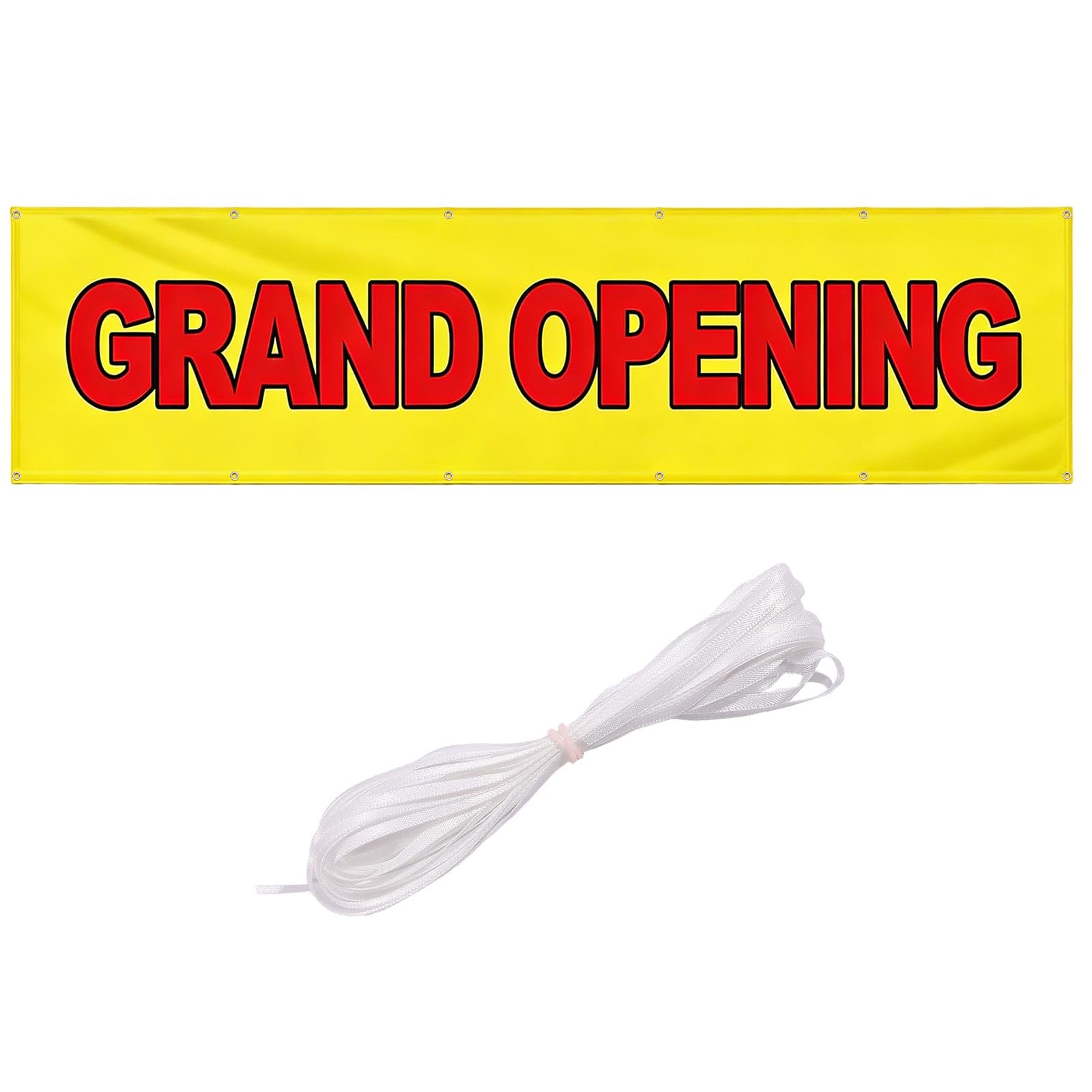 FREEBLOSS Grand Opening Banner with Metal Grommets Large Size Grand Opening Decoration Sign New Store Advertising Outdoor/Indoor for Business Store Ceremony(3 * 10 Ft Banner/16.4 Ft Strap)