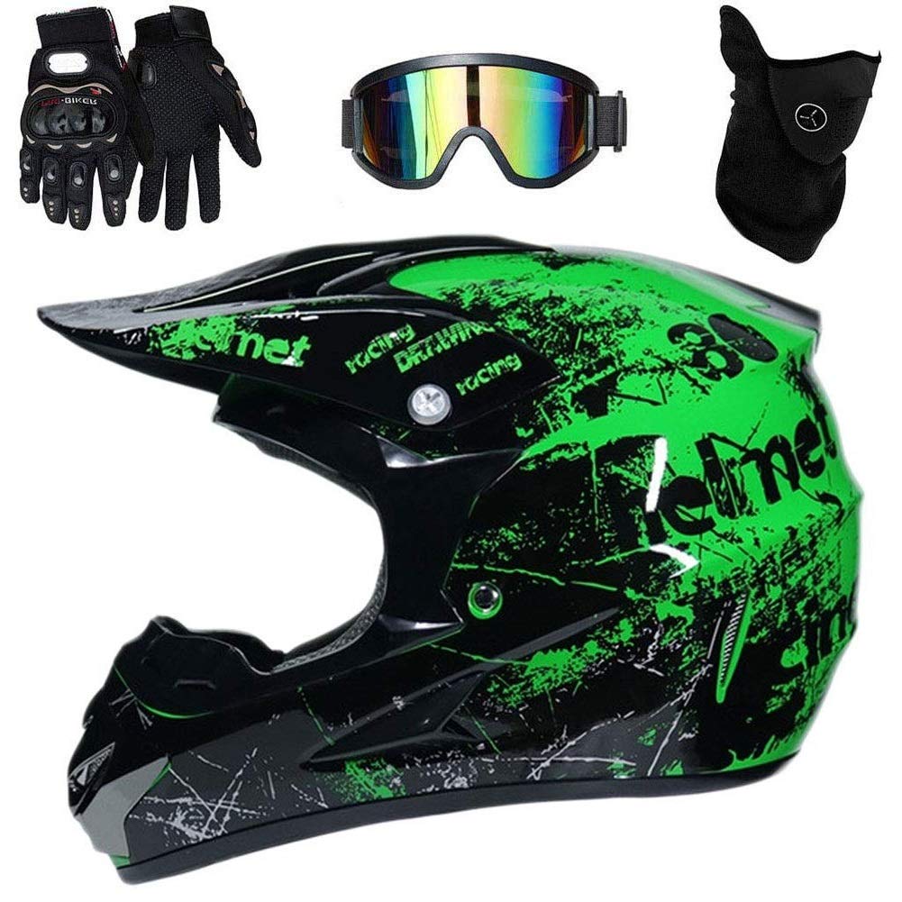 Youth Kids MTB Motocross Helmet Set, with Goggles Gloves Mask, Unisex Full Face Off Road ATV Motorbike Helmet, DOT Certified Downhill Enduro DH Quad Dirt Bike Crash Helmet (Color : Black, Size : XL/
