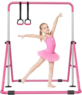 SHIWEI Gymnastics Bar for Kids, Gymnastic Kip Bar 5-Height Adjustable Home | Foldable, Indoor Outdoor Use, 140lb Capacity, for Ages 3-8, with Gymnastics Rings, Anti-Slip & Space-Saving Design