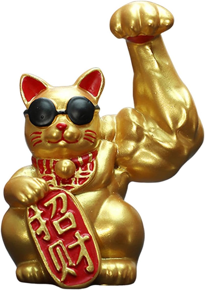 Sharplace Lucky Cat with Large Muscle Arm Statue Ornament Sculpture