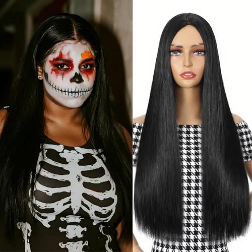 Black Wigs for Women, Middle Part Long Straight Hair Wig 26 inch Heat Resistant Synthetic Hair Replacement Wig for Festival Halloween Cosplay Costume Party Daily Using