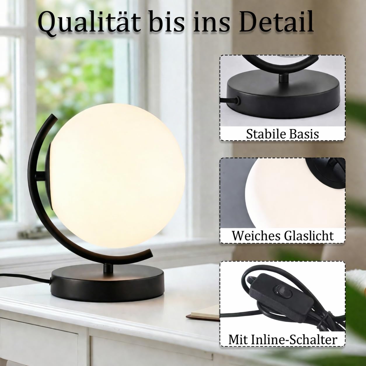 Alighting Tischlampe Schwarz, Opalglas Kugelleuchte Innen | Nachttischlampe Kugel Vintage Tischleuchte für Schlafzimmer , Wohnzimmer, E14