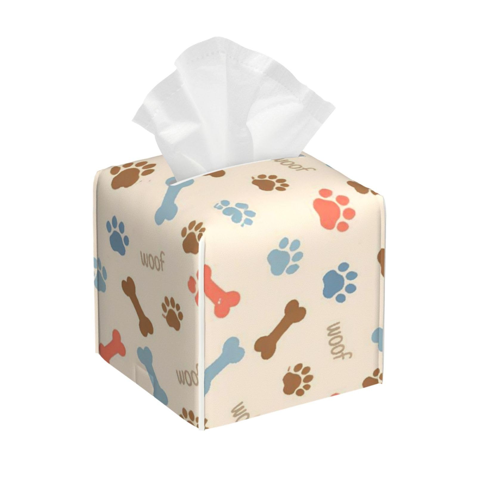 Dog Paw Print Bones Leather Tissue Box Cover Holder Square Facial Paper Organizer 5.2" X 5.2" X 5.2"