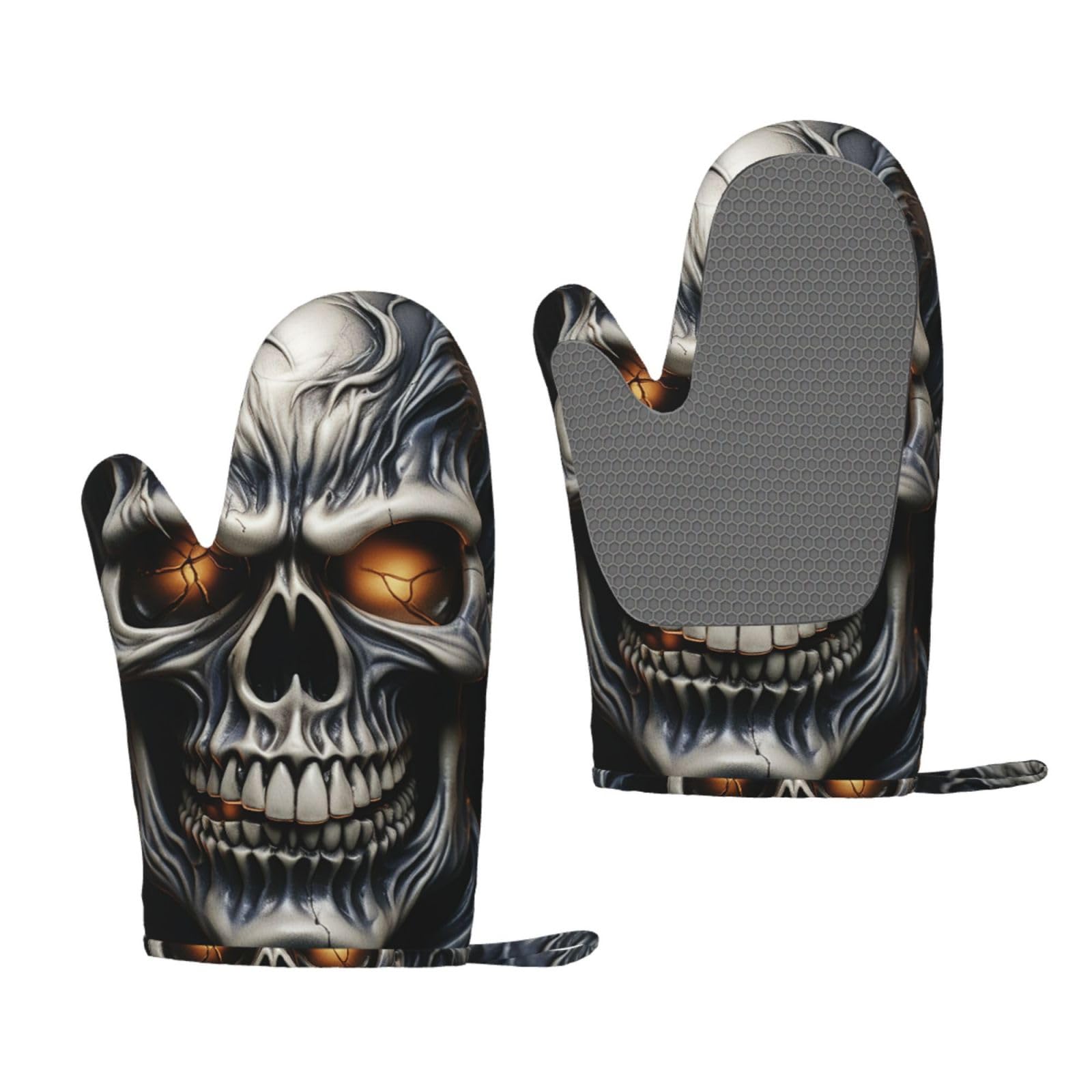 Oven Mitts Sets of 2 Heat Resistant Kitchen Gloves Cool Evil Skull Oven Mitts BBQ Oven Gloves Non-Slip Silicone Oven Mitts Waterproof Cooking Safety Gloves for Kitchen Baking Cooking
