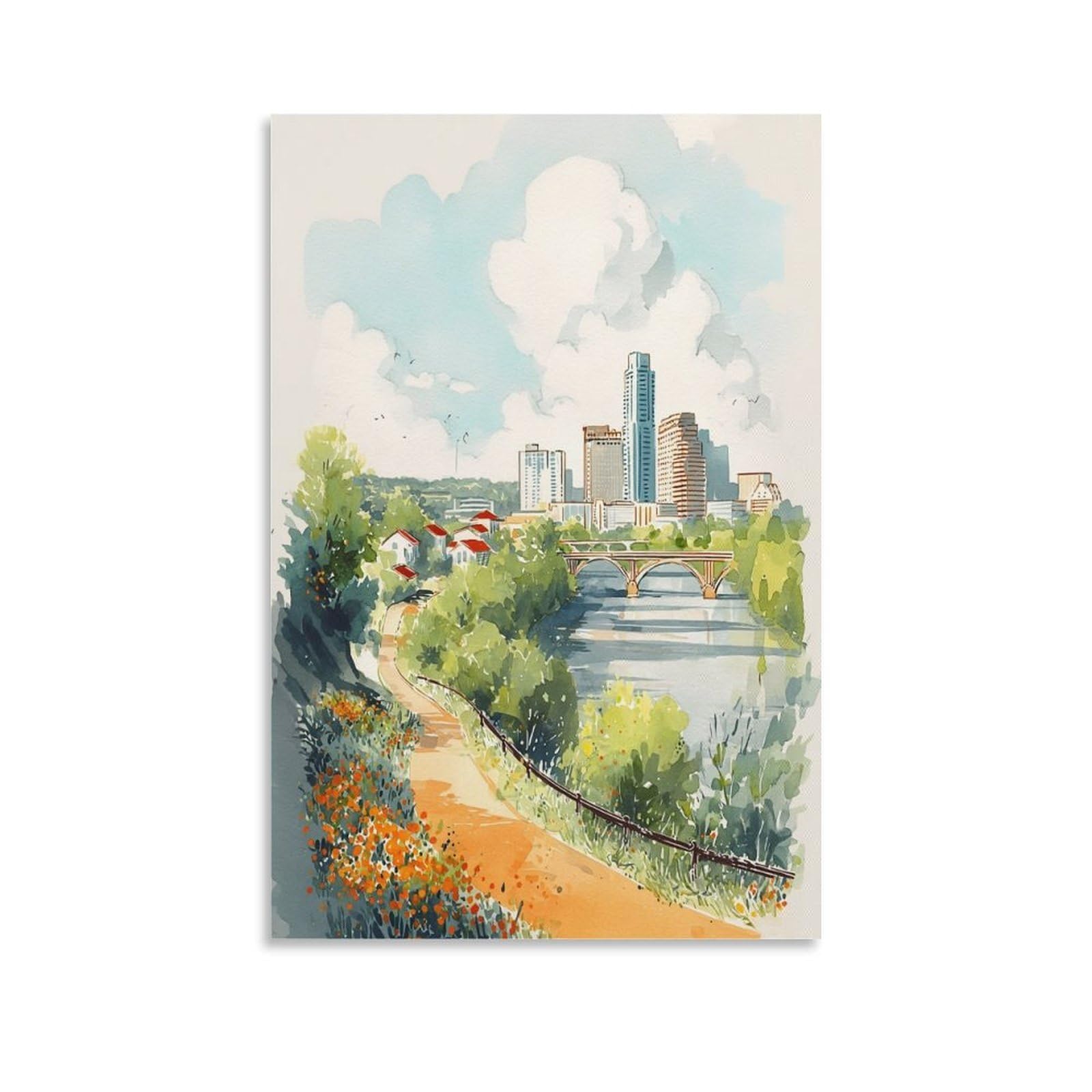 XWYMXZ Austin Texas Watercolor Print Travel Poster 24x36inch(60x90cm) Vintage Watercolor Canvas Art