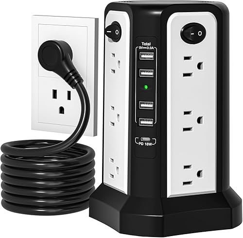 Miniatura 7 de Cable de extensión largo de 10 pies 1625 W  13 A con múltiples tomas, torre de regleta de alimentación protectora de sobretensiones con 4 puertos