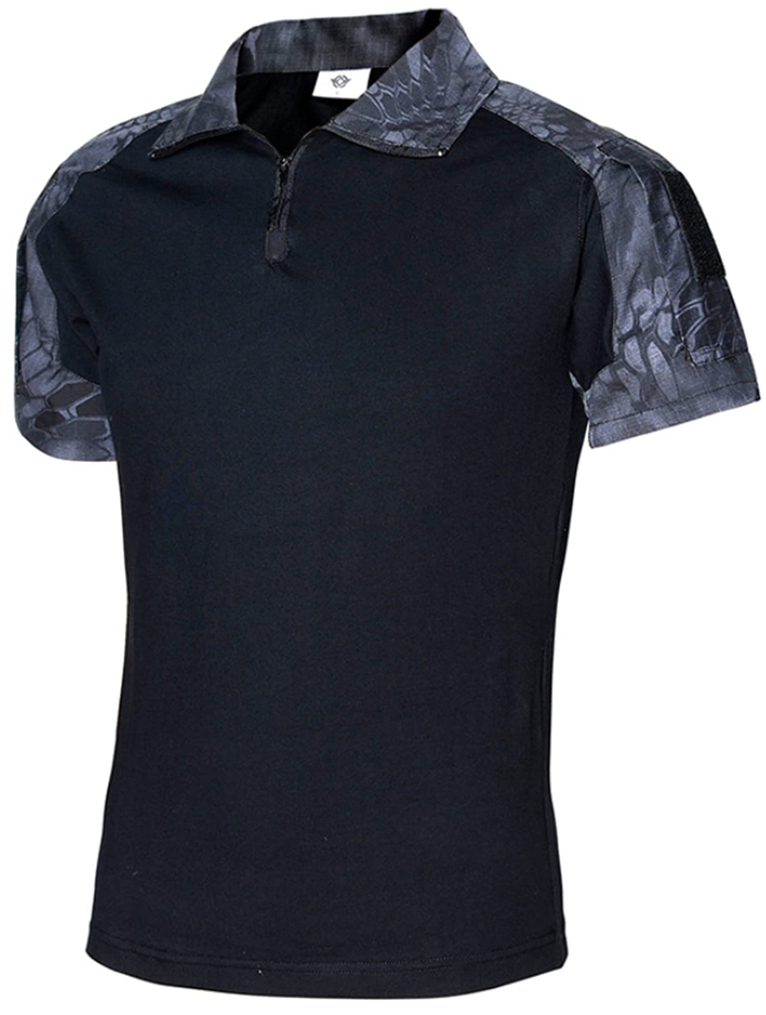 Czen Men's Short Sleeve Tactical Shirts Military Tee Outdoor Shirt Tactical Combat Shirt with Zipper (XXL,Balck Pattern)