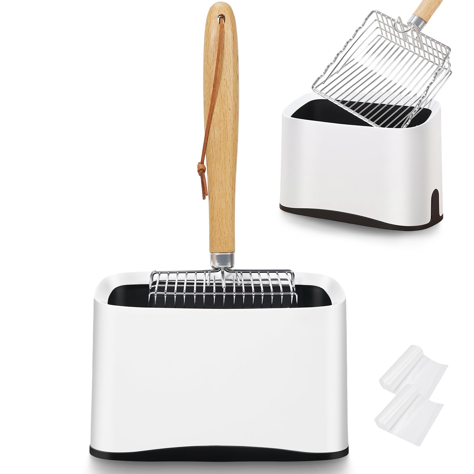 Metal Cat Litter Scoop with Holder, Poop Scooper with Stand and 2 Rolls of Garbage Bags, Heavy Duty Stainless Steel Shovel with Wooden, Quick Sifter for Easy Cleaning (Long handle-9.8" with Holder)