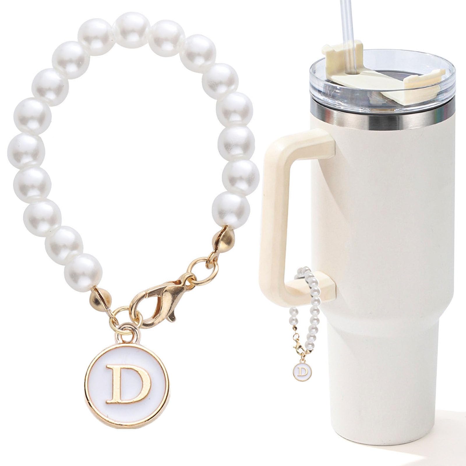 Letter Charm for Stanley Cup，Pearl Chain Accessories Stanley Cup Initial Charms for Handle Stuff Decor Water Bottle Jewelry Tumbler Cute Simple Modern Personalized Name ID Decorations (D)