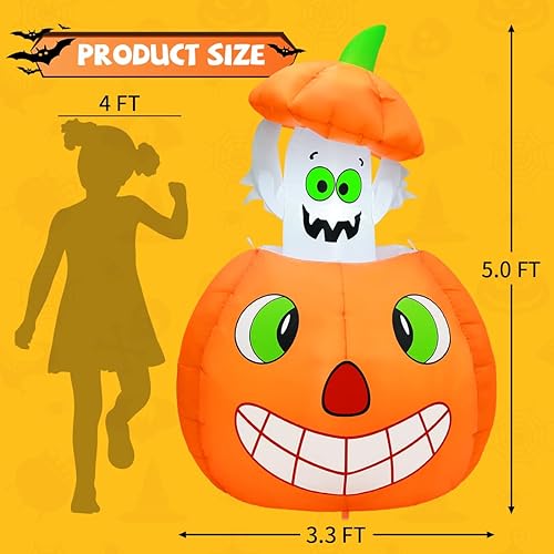 Miniatura 5 de COMIN Inflables de Halloween de 5 pies con fantasmas animados de calabaza para exteriores, decoración de patio inflable con LED integrados para