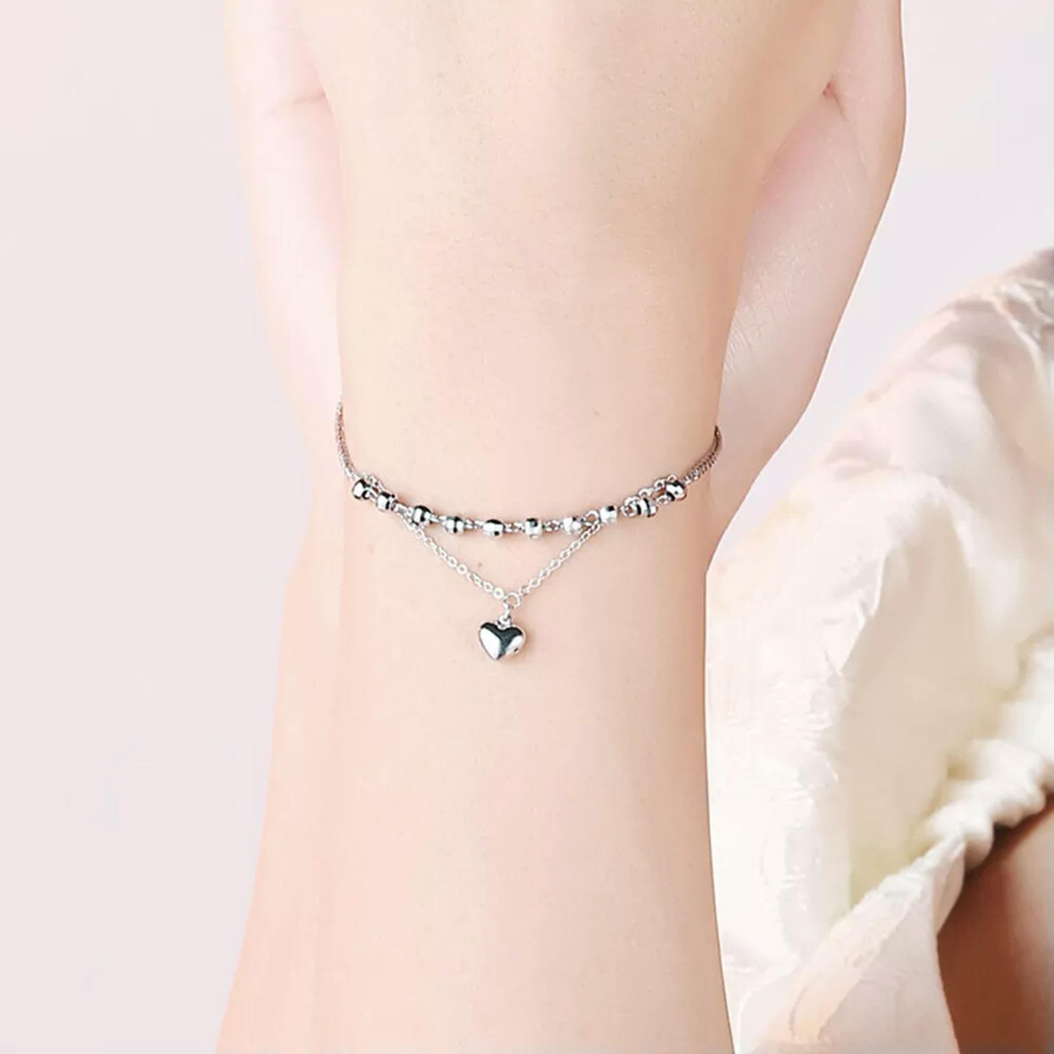 Pulsera con Dije de corazón de la Suerte para Mujer en Platino 950 auténtico con Cadena de espigas de Trigo Pt950
