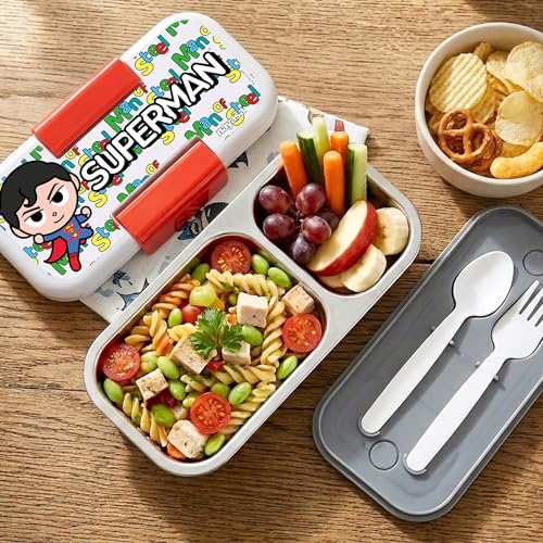Nayasa Marco Superman Print 2 Compartment Vaccum Sealed Insulated Stainless Steel Lunch Box for Kids | Leak Proof Tiffin Box | Small | 550 ML | Grey