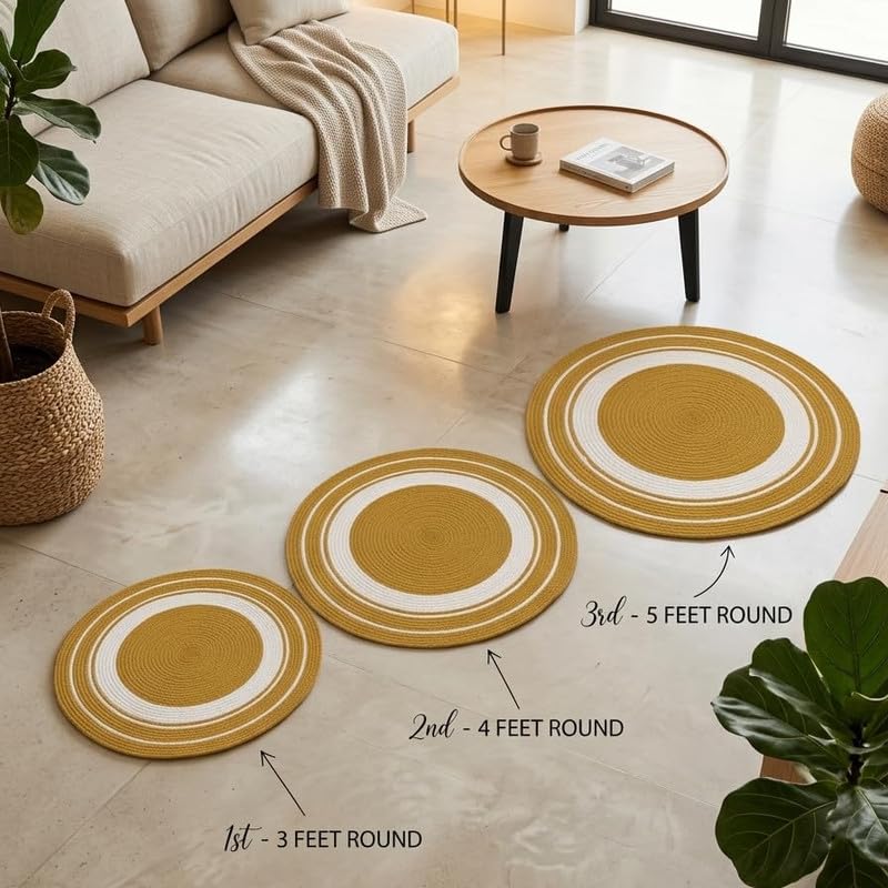Image of Hand Woven Braided Carpet Rugs Round Traditional Spiral Design Jute Door mat Mat for Bedroom Living Room Dining Room Yoga (2x2 Feet Beige and White)