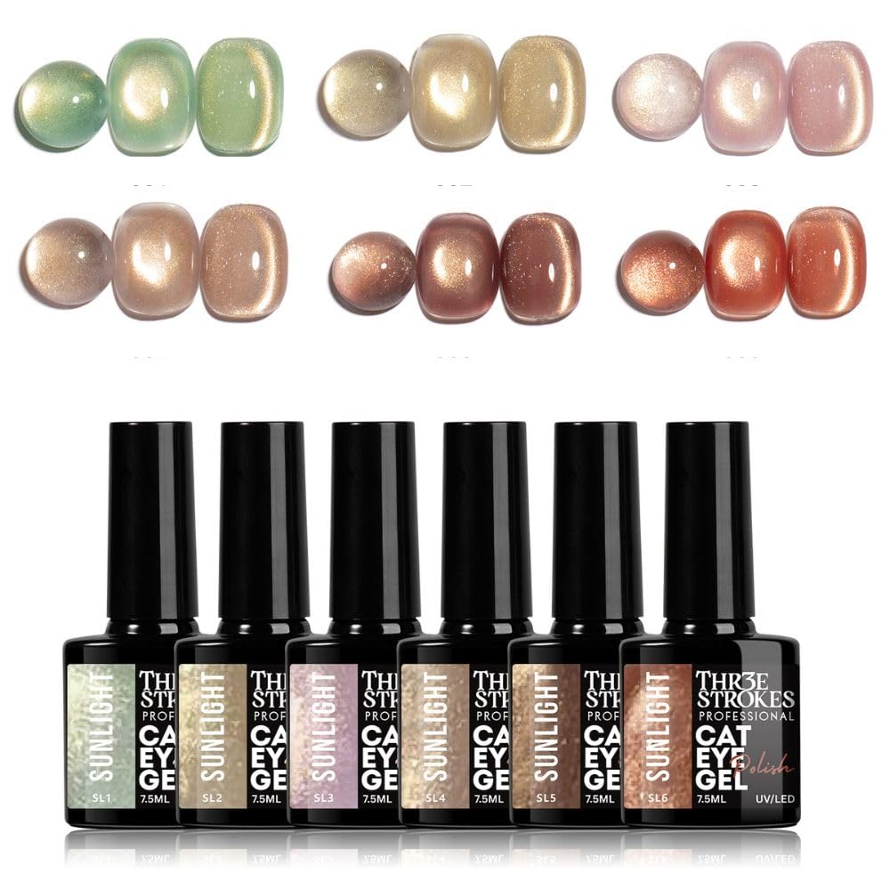 THR3E STROKES Sunlight Collection Cat Eye Gel Polish Set - 6 Colors, 7.5ml Magnetic Shimmer Gel, Radiant 9D Galaxy & Velvet Effect, UV/LED Soak Off Professional Nail Art Kit (Magnets Not Included)-image-26
