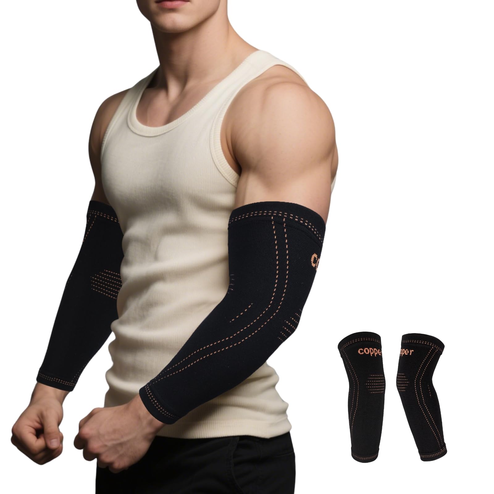 JIQUD Arm compression Sleeve (1 Pair),Copper Elbow Compression Sleeve,Elbow Brace for Tennis Elbow Tendonitis,Full Arm Sleeve for Men & Women,Sports