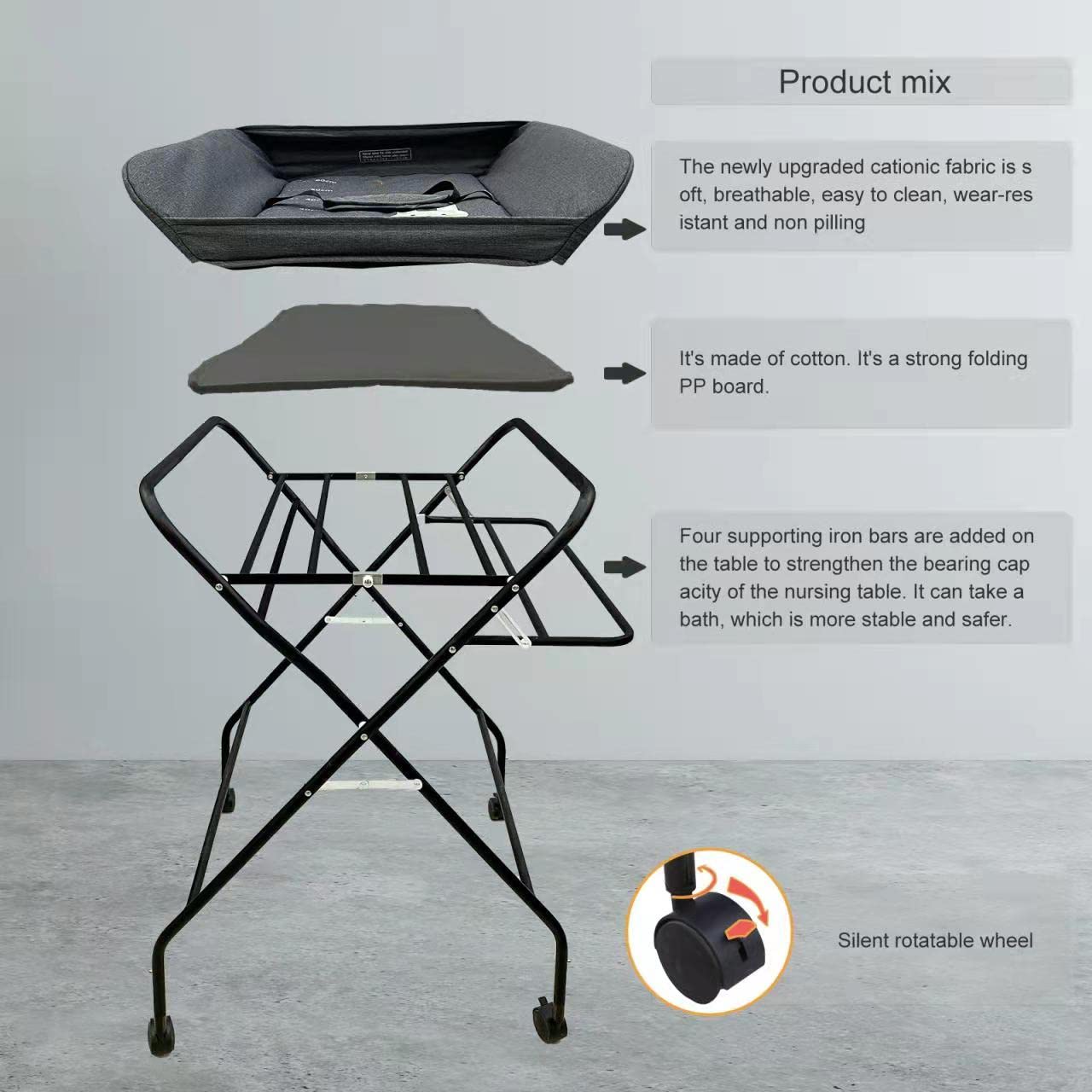 Holy Cat Baby Portable Changing Table with Wheels Adjustable Height Folding Infant Diaper Station Mobile Nursery Stand with Newborn Lightweight Large Storage Rack - Grey : Baby