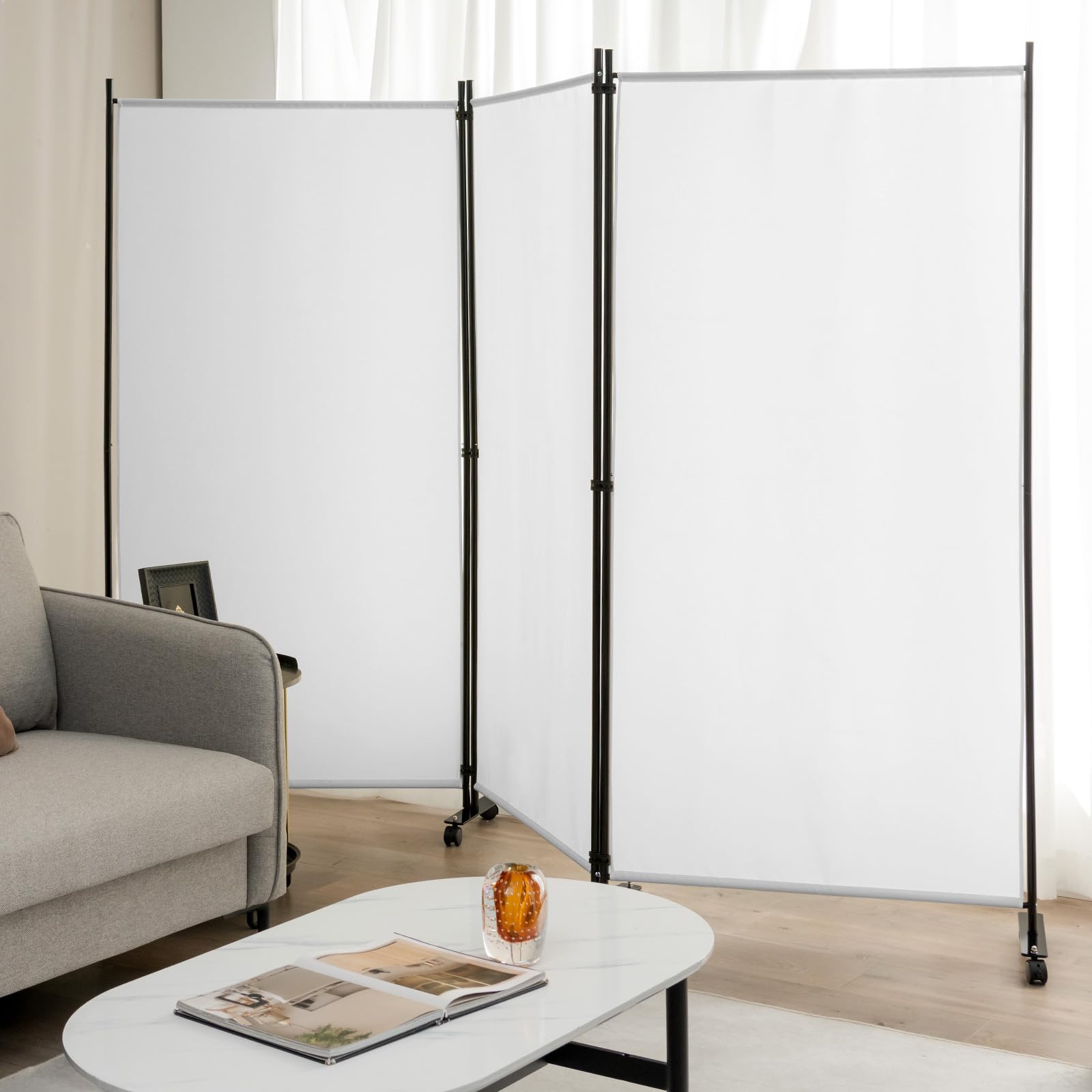 COSTWAY Ruimteverdeler op wieltjes, kamerscherm, 6-delig, scheidingswand opvouwbaar, van stof, inkijkbescherming voor meer privacy en flexibiliteit, 334,5 x 172 cm (wit