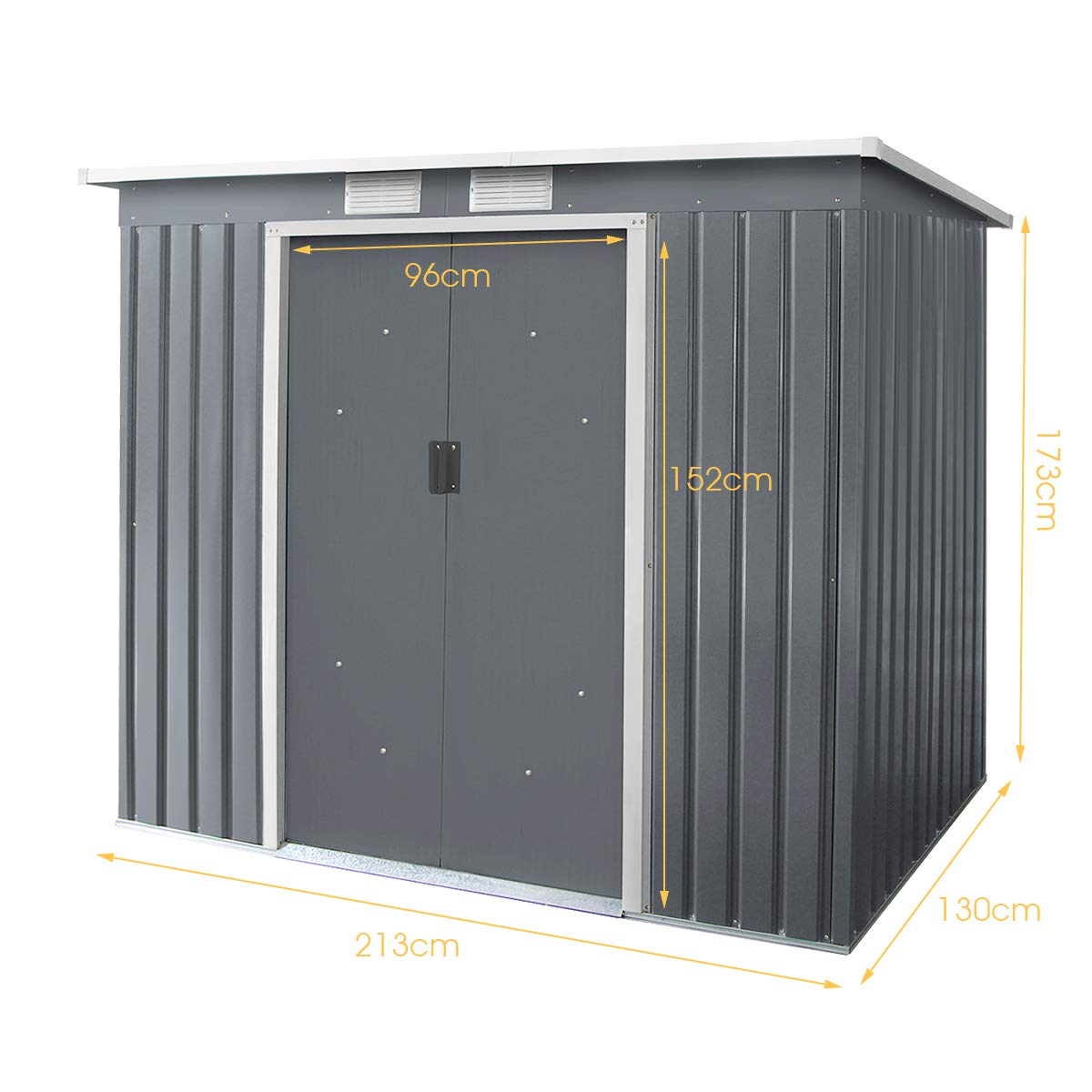 GOPLUS Metalowy domek na narzędzia 213 x 130 x 173 cm, szopa na narzędzia z drzwiami przesuwnymi, oknami i fundamentem, ocynkowana, odporna na warunki atmosferyczne, do ogrodu, na podwórko/balkon