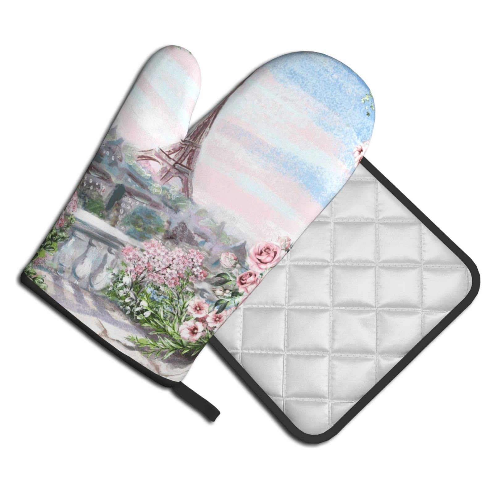 Oven Mitts and Pot Holders Set of 2 Pcs, Beautiful Eiffel Tower Paris Printed Heat Resistant Kitchen Gloves Potholders for Cooking Baking Grilling