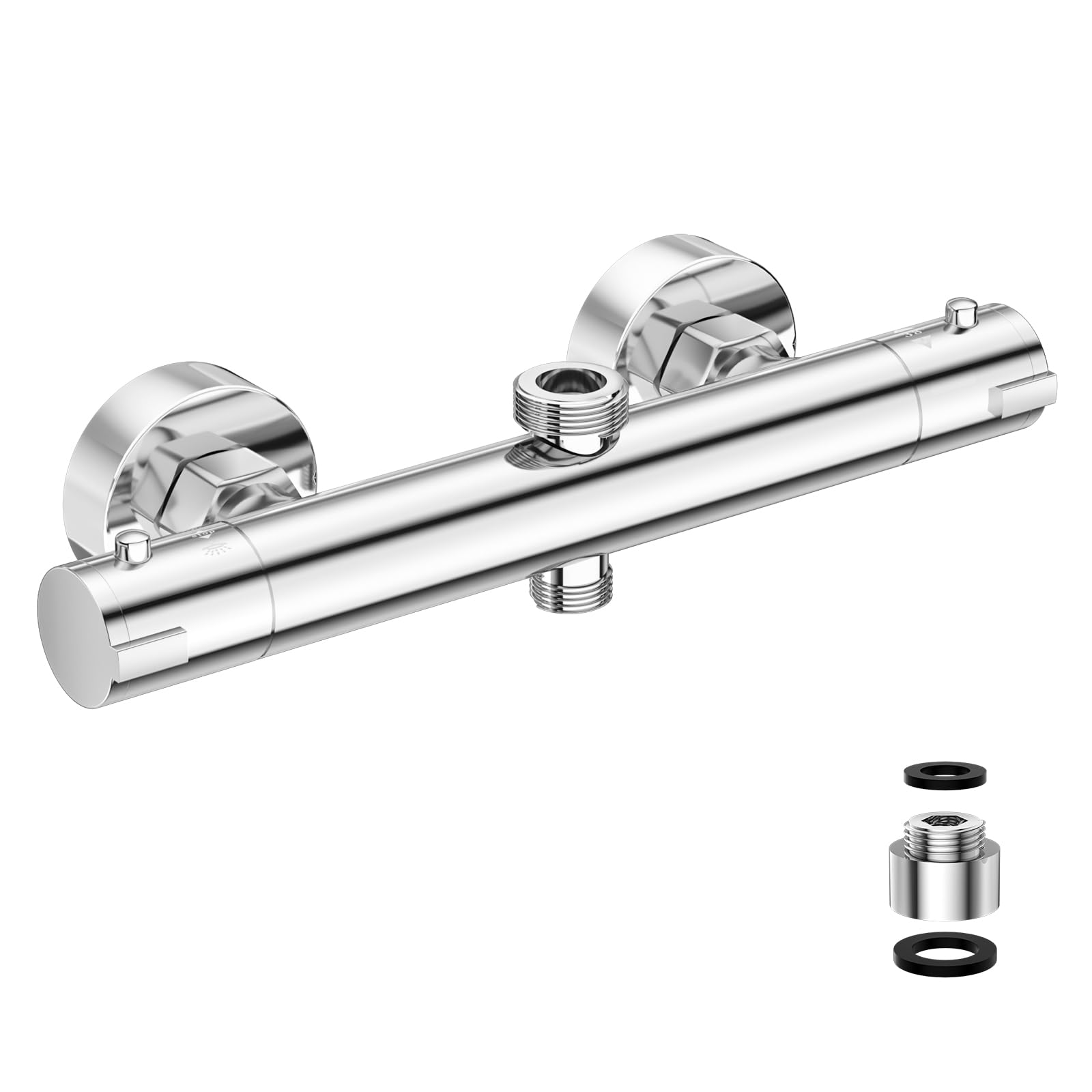 Grifo mezclador de ducha termostático con botón de seguridad 38 °C y 2 salidas altas G3/4" BSP(24 mm)+bajo G1/2" BSP(20 mm), antiquemadura, montaje en pared, latón, temperatura constante