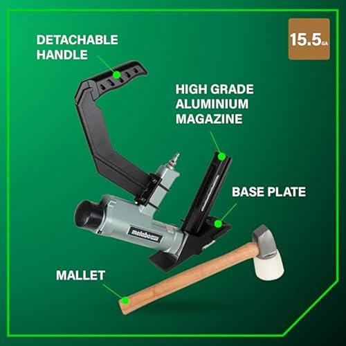 Miniatura 5 de Metabo HPT Engrapadora de suelo  Neumática  Acepta grapas de calibre 15.5 de 1 a 2 pulgadas  Corona de 12 pulgada  Mango desmontable de largo