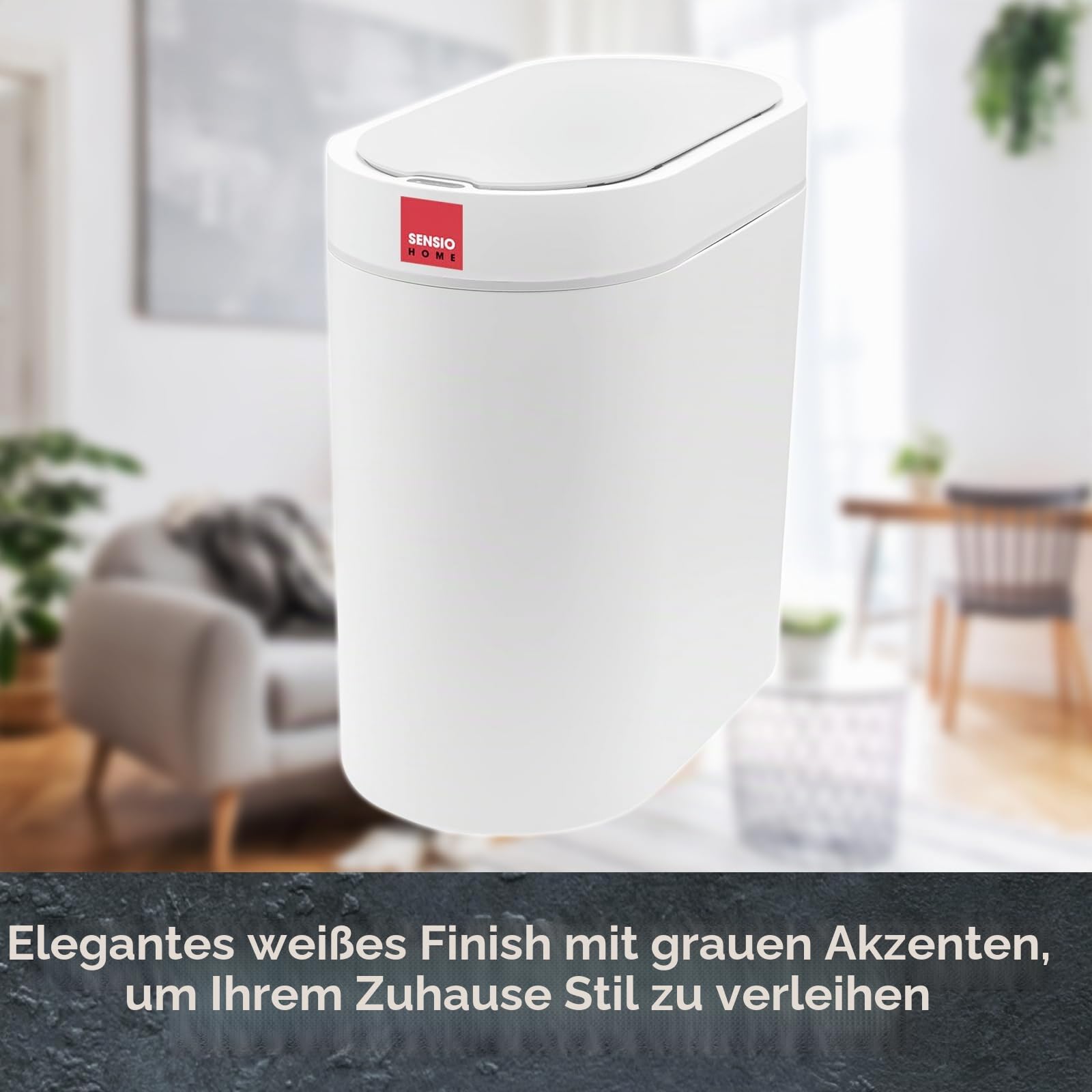 Sensio Home 5 Liter wasserdichter Mülleimer mit Bewegungsmelder, Mülleimer mit automatischem Deckel, automatischer Mülleimer für Schlafzimmer, Küche, Bad, Wohnzimmer, Büro, weiß mit grauem Rand