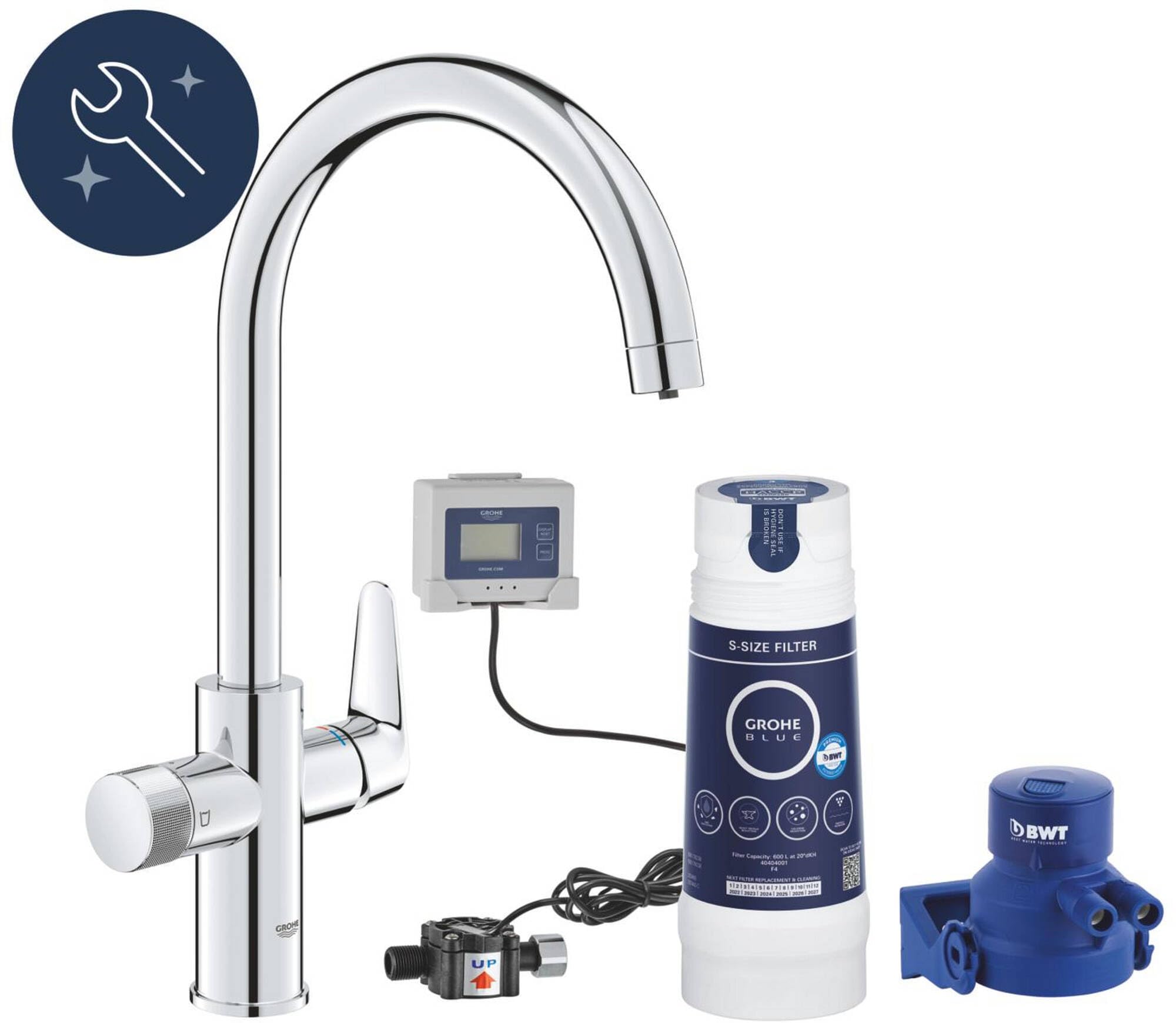 Grohe Blue Pure BauCurve rubinetto per lavello cucina, con filtro 5 fasi taglia S e contalitri, cromo