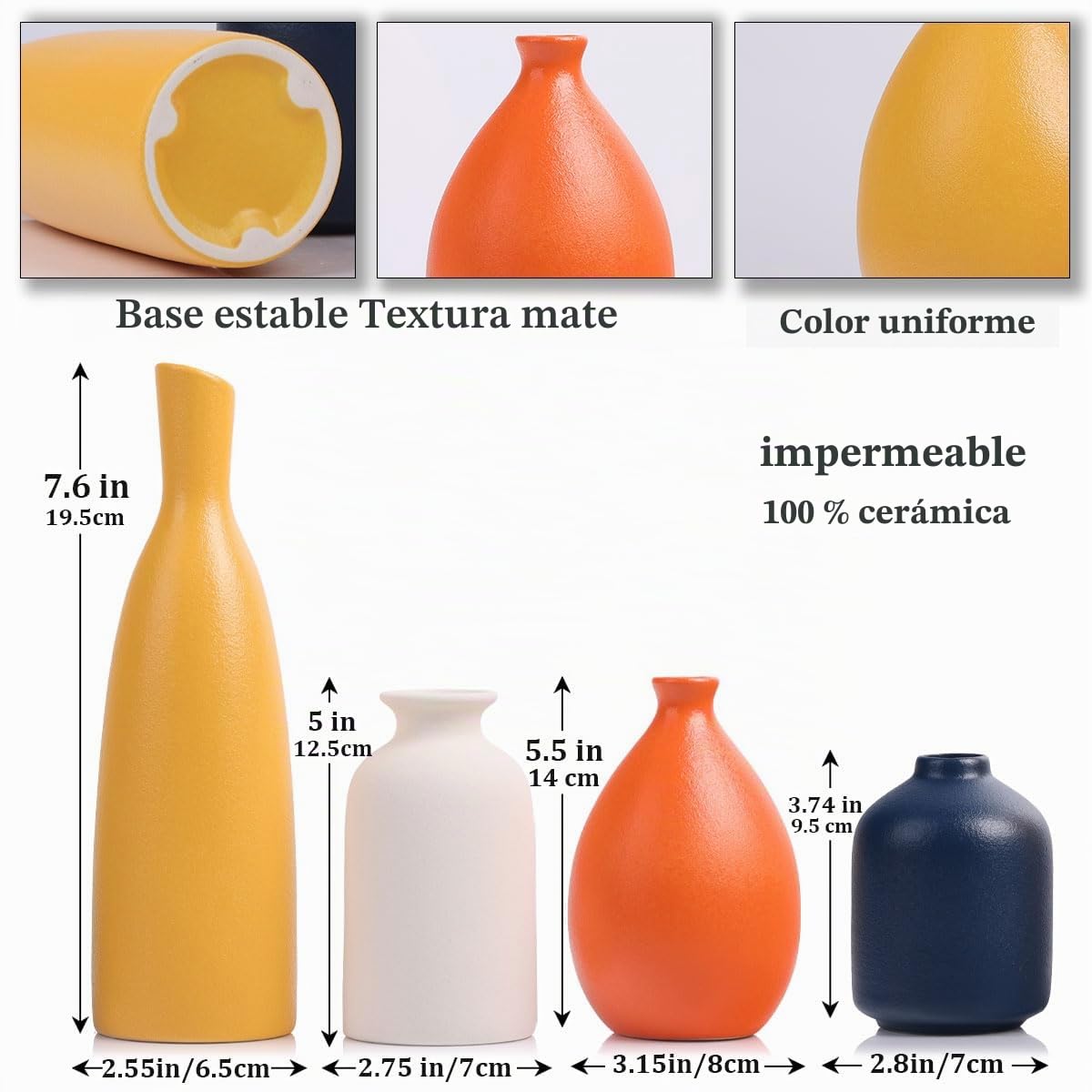 Juego de 4 jarrones de cerámica coloridos, modernos jarrones pequeños, amarillos, naranjas, azules para decoración del hogar, ideales para sala de estar, cocina, oficina, baño, chimenea, entrada, casa