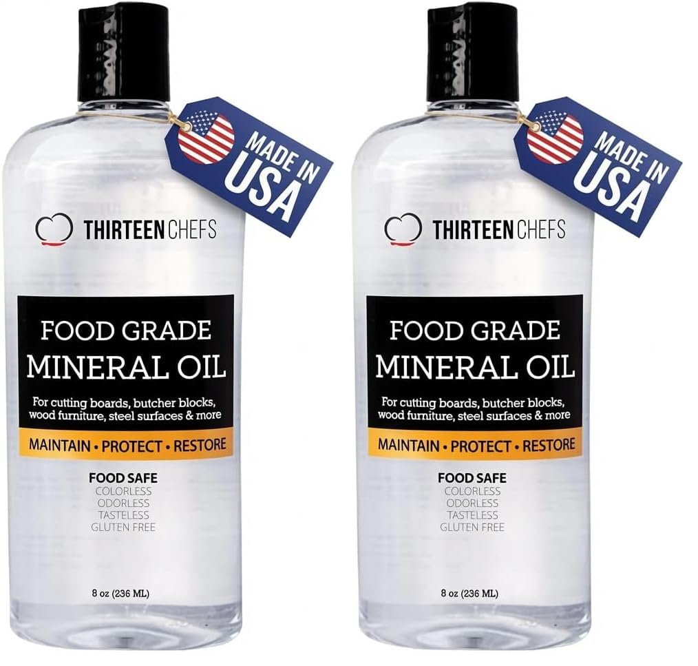 Thirteen Chefs Mineral Oil - 8 oz Food Grade Conditioner for Wood Cutting Board, Countertop &amp; Butcher Block, Lubricant for Knife or Meat Grinder - Safe USP Finish on Marble, Soapstone (Pack of 2)