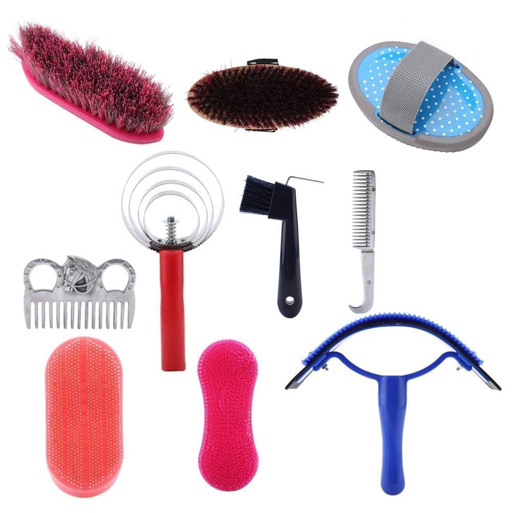 Cyrank Juego de Herramientas de Limpieza de Caballos 10pcs, Juego de Cuidado de Belleza de Caballos, Juego de Cepillo de Caballos, con limpiaparabrisas hooof Pick y Cepillo de picazón Curry Comb Pick