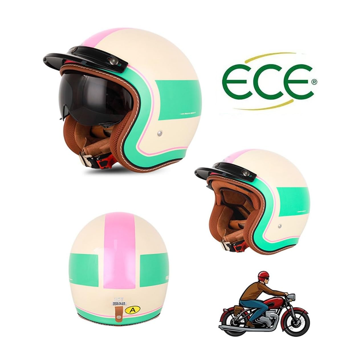 Casco Moto Jet Homologado ECE con Gafas Retro, Casco Scooter 3/4 Vintage para Ciclomotor Cafe Racer Custom Cruiser Clásico Hombre Mujer