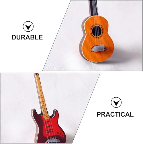 Miniatura 9 de Toyvian 2 piezas de guitarra en miniatura casa de muñecas Mini instrumento musical de madera bajo guitarra modelo adorno para jardín de hadas,