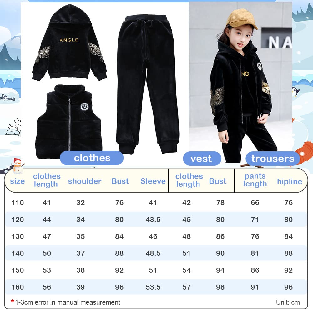 Chandal Niña Encapuchado Polar Forro Sudadera + Pantalón + Chaleco 3 Piezas Moda Personalidad Niños Invierno Deportes Traje para Edad 3-13 Años