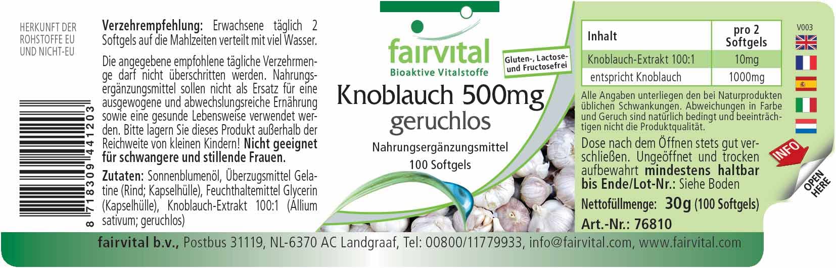 fairvital Capsule di aglio 500 mg, 100 softgel, facili da deglutire, contengono alliicina, estratto di aglio 100:1, ALTO DOSAGGIO e inodori