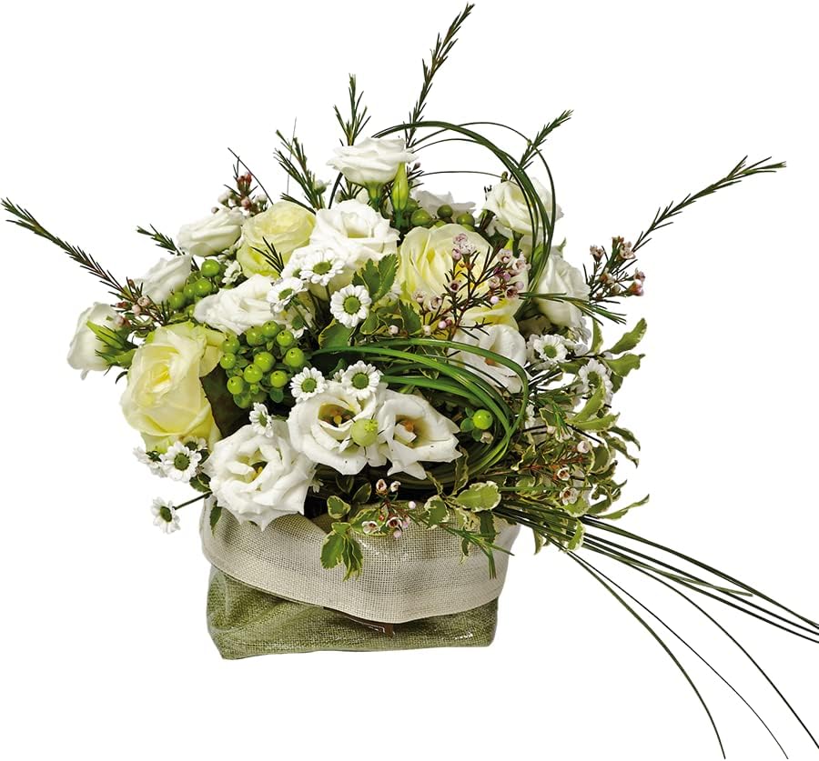 White Rose Flower Basket with Decorative Green Flowers