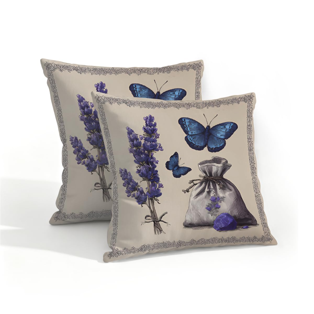Outdoor Pillow Covers Waterproof Pillowcases 16x16in Set of 2 Lavender Flower Butterfly On Vintage Decorative Throw Cushion Case for Couch Sofa Garden Patio Furniture
