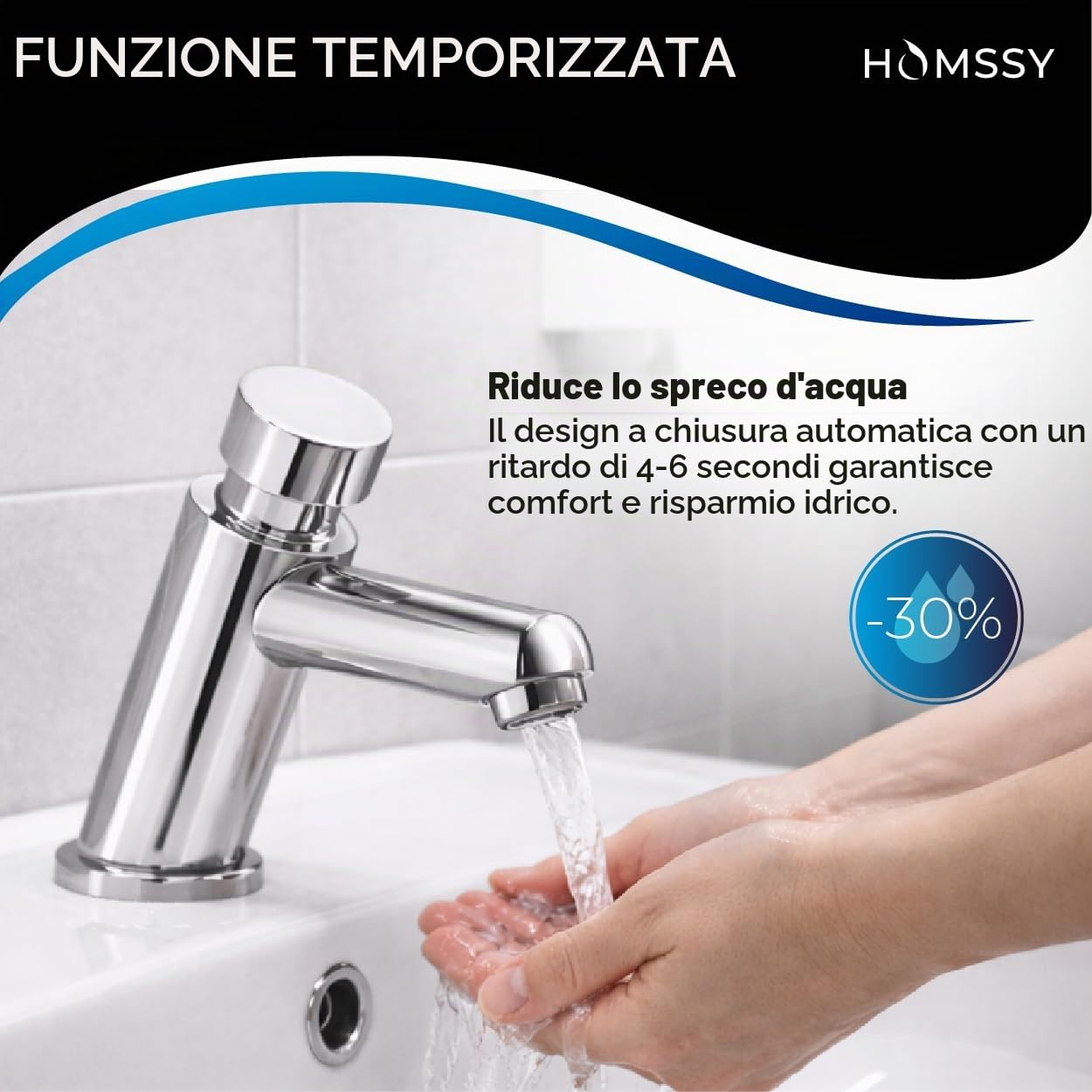 Rubinetto Temporizzato per Lavabo. 2 Acque (Acqua Calda e Fredda). Design Cromato. Controllo Efficiente dell’Acqua